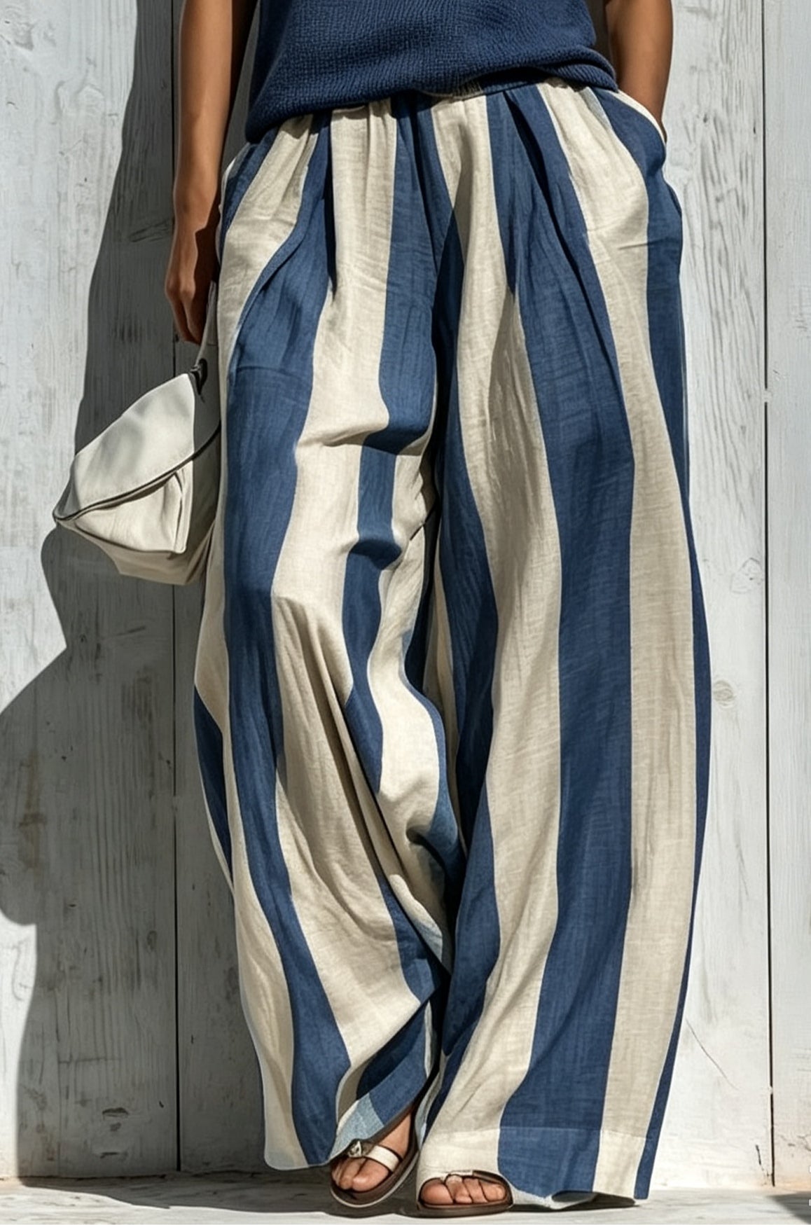 Navy Casual sleeveless top and loose striped trousers set