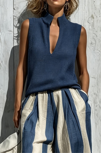 Navy Casual sleeveless top and loose striped trousers set