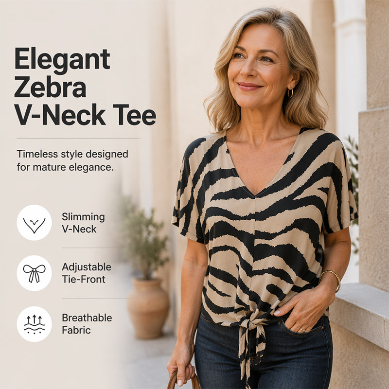 V-neck T-shirt with a front tie in zebra print