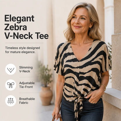 V-neck T-shirt with a front tie in zebra print