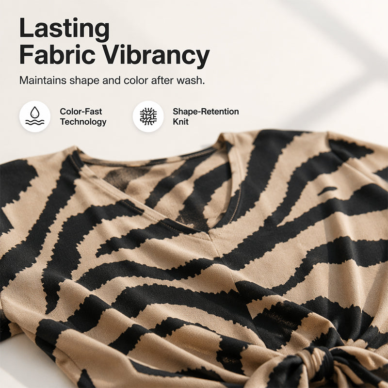 V-neck T-shirt with a front tie in zebra print