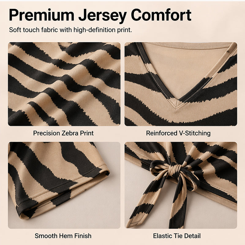 V-neck T-shirt with a front tie in zebra print