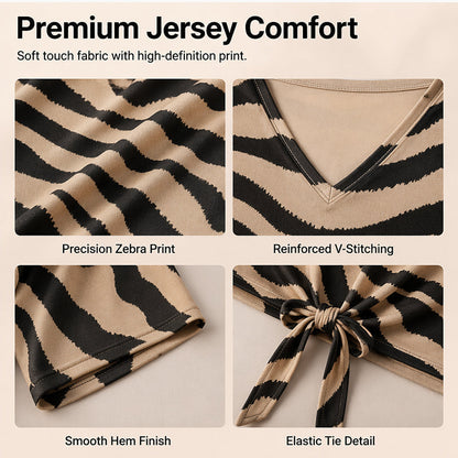 V-neck T-shirt with a front tie in zebra print