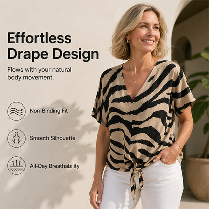 V-neck T-shirt with a front tie in zebra print