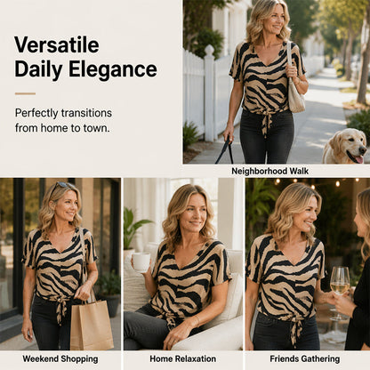 V-neck T-shirt with a front tie in zebra print