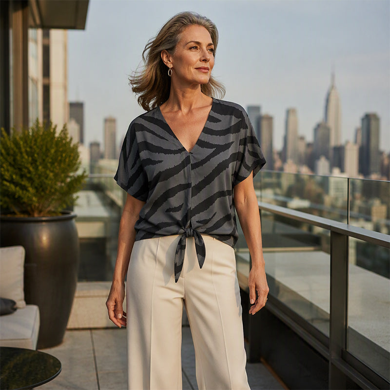 V-neck T-shirt with a front tie in zebra print