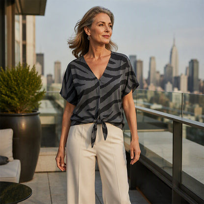 V-neck T-shirt with a front tie in zebra print