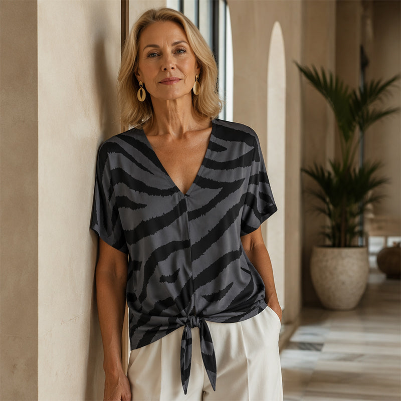 V-neck T-shirt with a front tie in zebra print