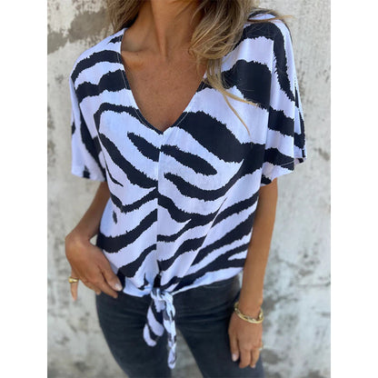 V-neck T-shirt with a front tie in zebra print