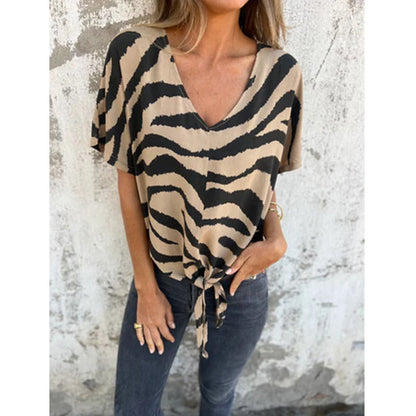V-neck T-shirt with a front tie in zebra print