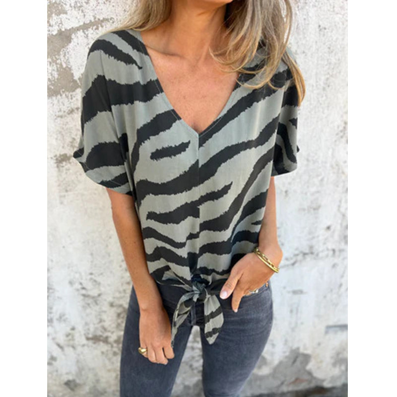 V-neck T-shirt with a front tie in zebra print